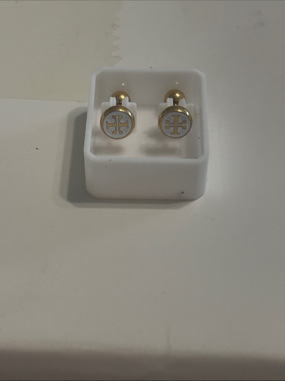Fashion Jewelry Gold and White Logo Stud Earrings